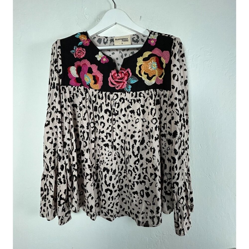 Savanna Jane Leopard Animal Print Embroidered Floral Blouse 1X Bell Sleeve NWOT